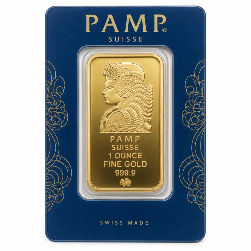 PAMP Suisse 1 oz Gold Bar, illustrative product photograph